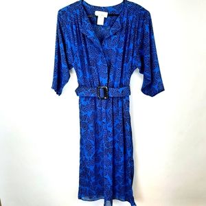 Vintage Alison Peters Royal Blue/Black Animal Print Blouson Dress SZ 10 USA Made